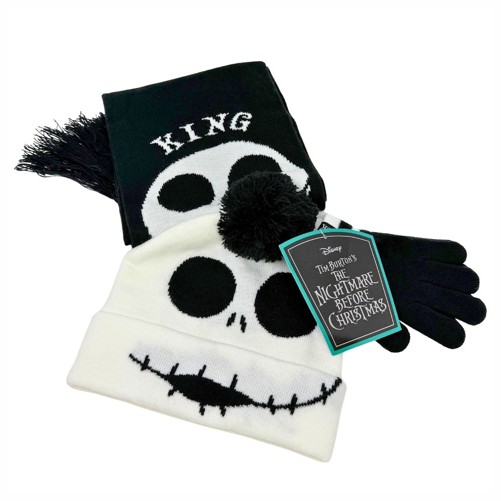 Disney Nightmare Before Christmas Beanie Scarf Gloves Set Jack Skellington NWT